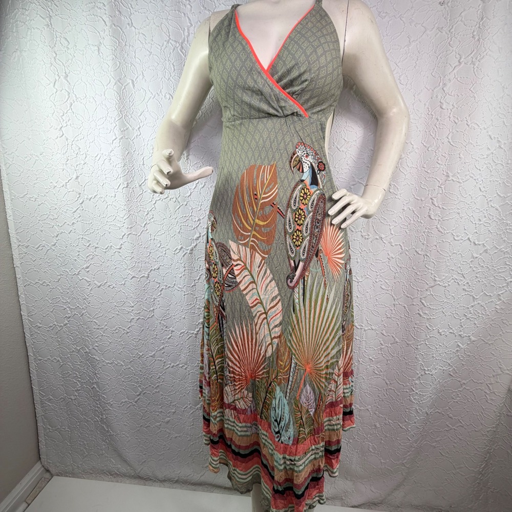 Farm Rio Anthropologie Tropical Parrot Midi Dress Green Multi - Picture 2 of 8